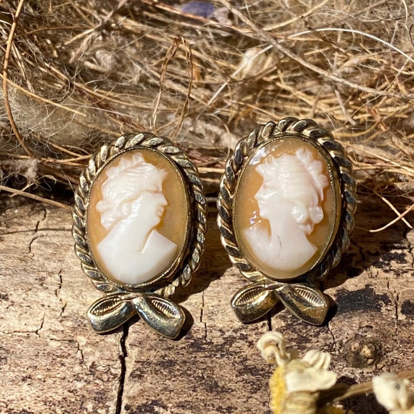 Yellow Gold Filled Carved Shell Cameo Pierced Earrings