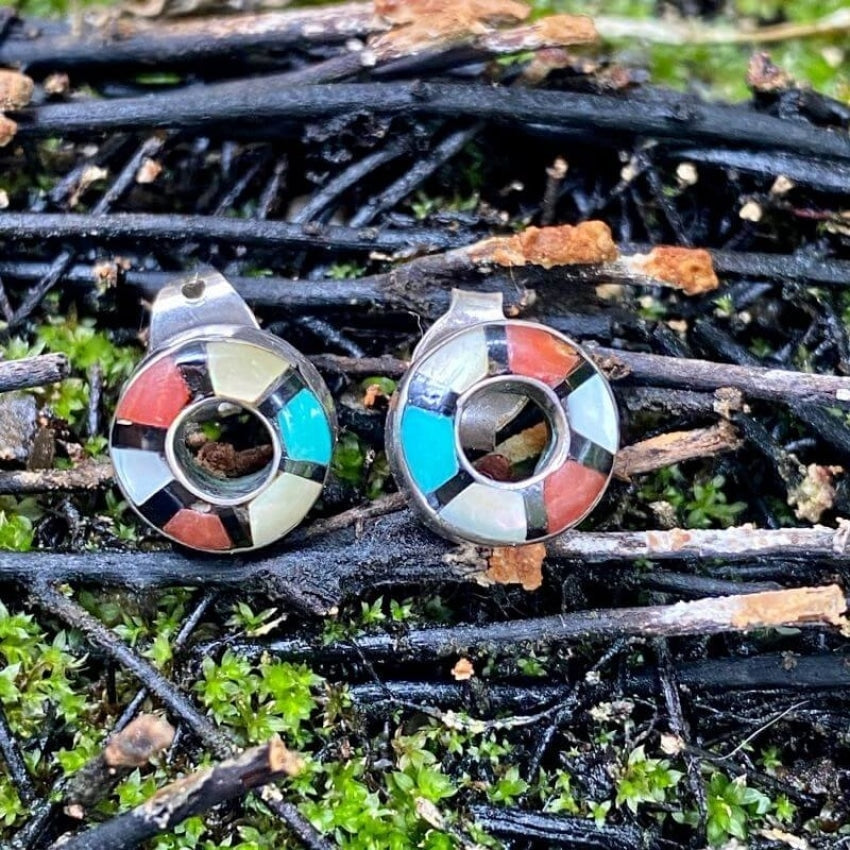 Zuni Channel Inlay Donut Pierced Earrings Turquoise and Sterling Silver Yourgreatfinds